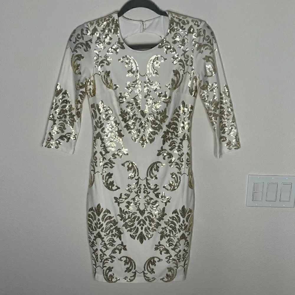 B Darlin Bodycon Dress with Sequins Gold Ivory - Picture 3 of 16